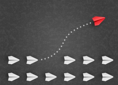 Bireysellik kavramı. Bireysel ve benzersiz lider kırmızı kağıt uçak yana doğru uçuyor. Vektör illüstrasyonu 