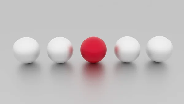 个性独特 独特的红球和其他的白球 对比概念 3D渲染 — 图库照片