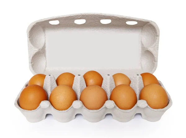 Hühnereier Geöffnetem Karton Isoliert Auf Weißem Hintergrund Hühner Gesunde Ernährung — Stockfoto