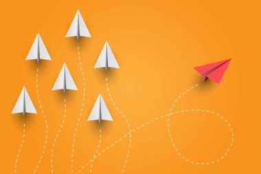 Bireysellik kavramı. Bireysel ve benzersiz lider kırmızı kağıt uçak yana doğru uçuyor. Vektör illüstrasyonu