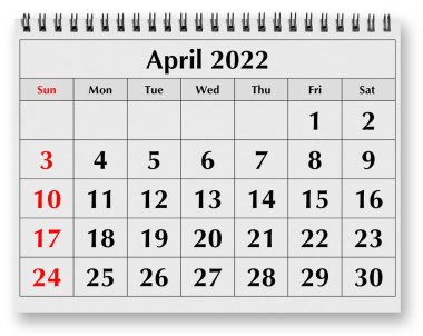 Yıllık takvimin bir sayfası - Nisan 2022