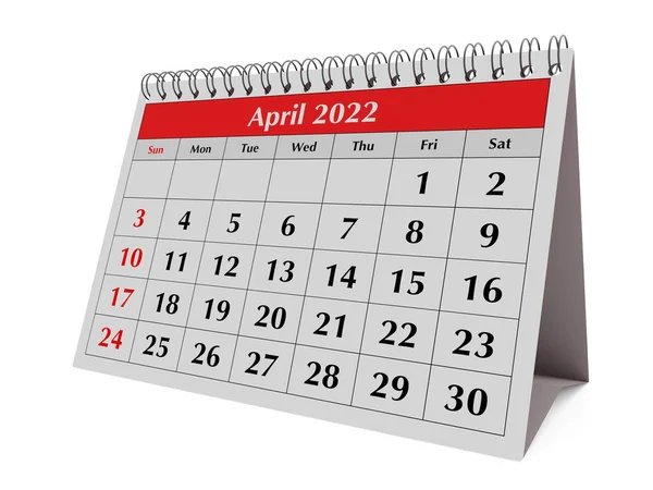 年度商业月历的一页 2022年4月 3D渲染 — 图库照片