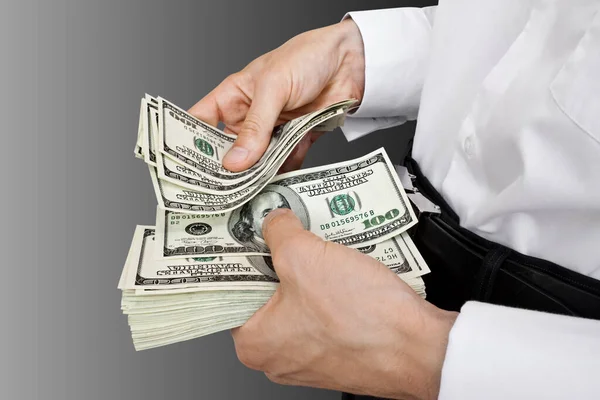 Businessman Counts Money Dollars Hands Business Concept — ストック写真