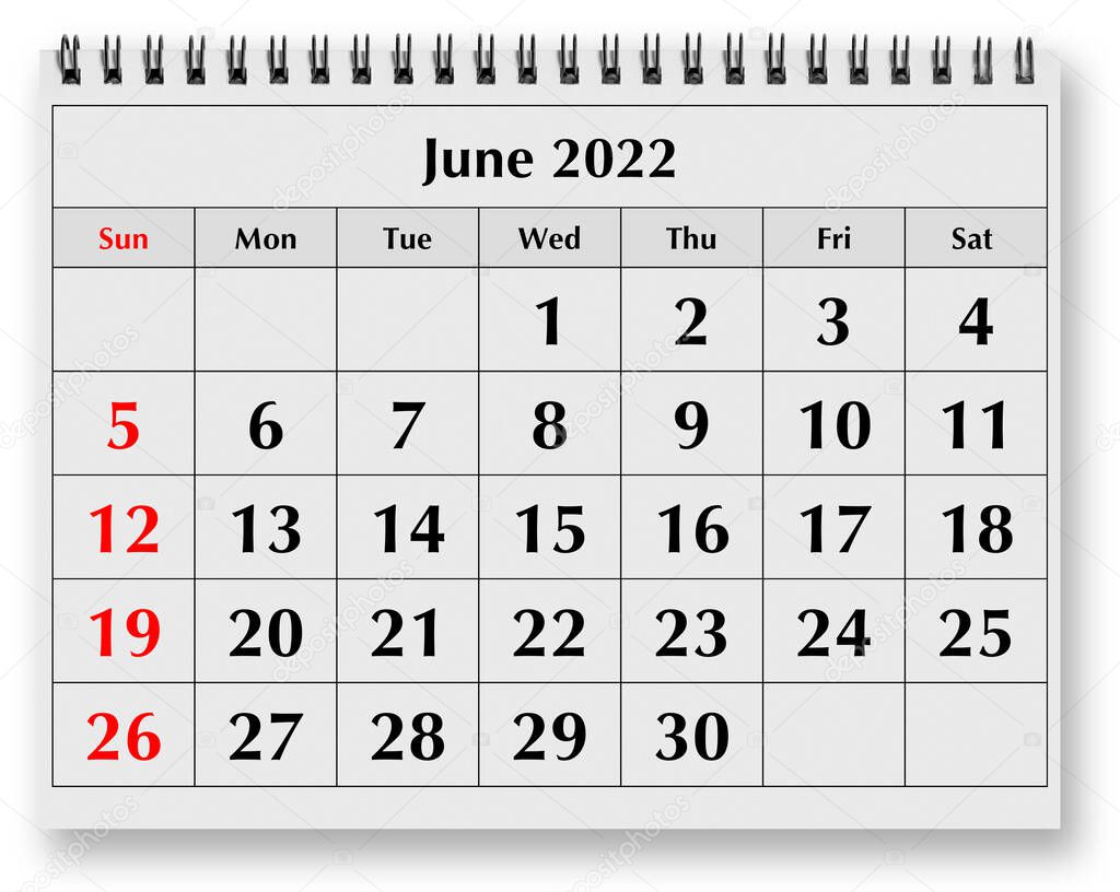 One page of the annual monthly calendar - June 2022