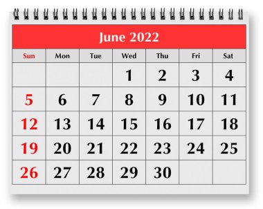 Aylık takvimin bir sayfası - Haziran 2022