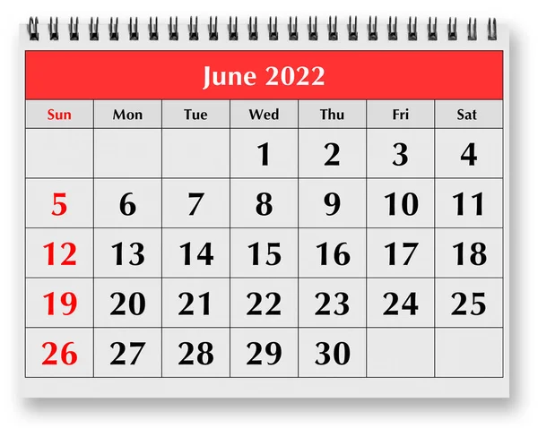 Jedna Stránka Ročního Měsíčního Kalendáře Červen 2022 — Stock fotografie