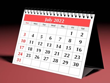 Yıllık iş masası takviminin bir sayfası. Tarih - Temmuz 2022. 3d oluşturma