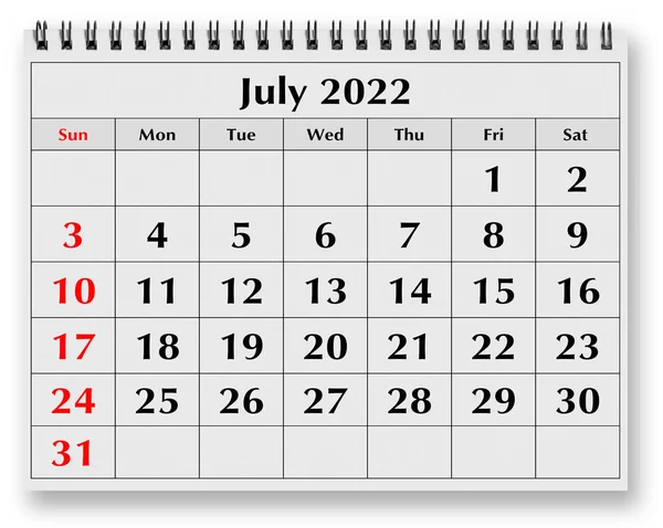 Jedna Strona Miesięcznego Kalendarza Rocznego Lipiec 2022 — Zdjęcie stockowe