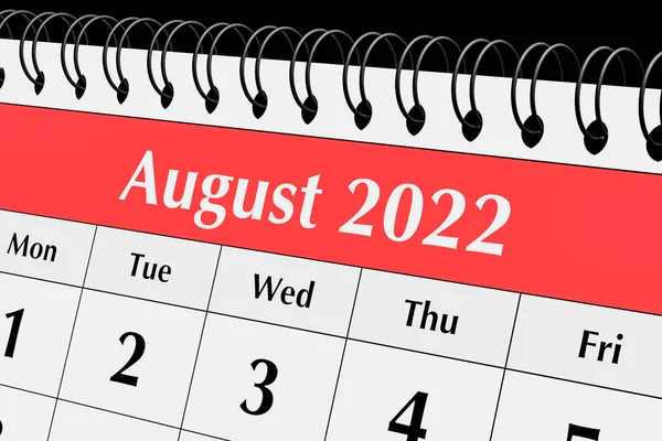 One page of the annual business desk monthly calendar. Date - month Aaugust 2022. 3d rendering