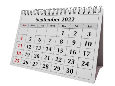 One page of the annual business desk monthly calendar. Date - month September 2022. 3d rendering