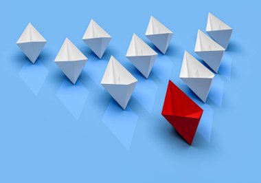 Liderlik ve iş kavramı. Bir kırmızı lider gemisi diğer beyaz gemileri ileri götürüyor. 3d oluşturma