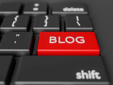Klavyede kelime blogu. Blog konsepti. Web blogcusu için illüstrasyon. 3d oluşturma
