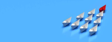 Liderlik ve iş kavramı. Bir kırmızı lider gemisi diğer beyaz gemilere önderlik ediyor. 3d oluşturma