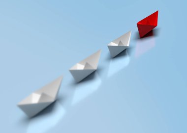 Liderlik ve iş kavramı. Bir kırmızı lider gemisi diğer gemileri ileri götürüyor. 3d hazırlayıcı