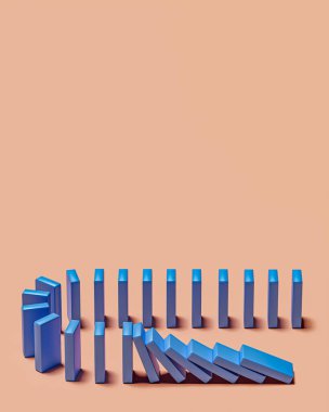 Domino. Bloklar boş arka planla itiyor. Eğilimler ve sorunlar konsepti. 3d oluşturma