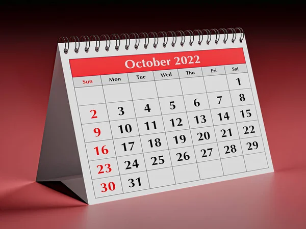 Jedna Strona Miesięcznego Kalendarza Biurowego Data Miesiąc Październik 2022 Renderowanie — Zdjęcie stockowe