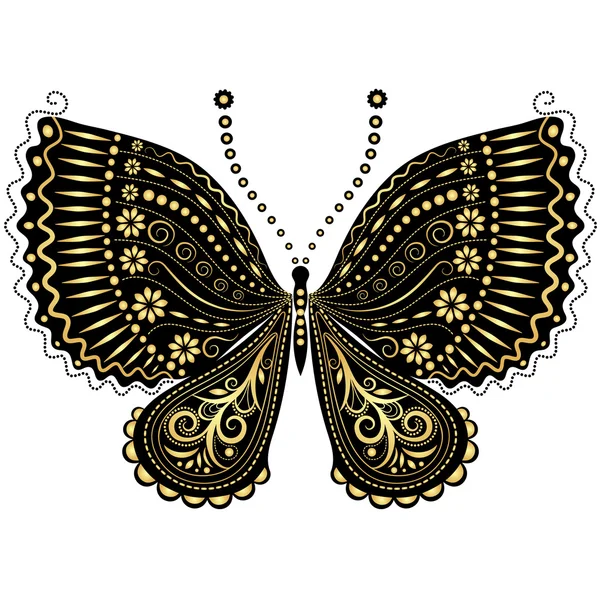 Fantasía vintage negro-oro mariposa — Vector de stock