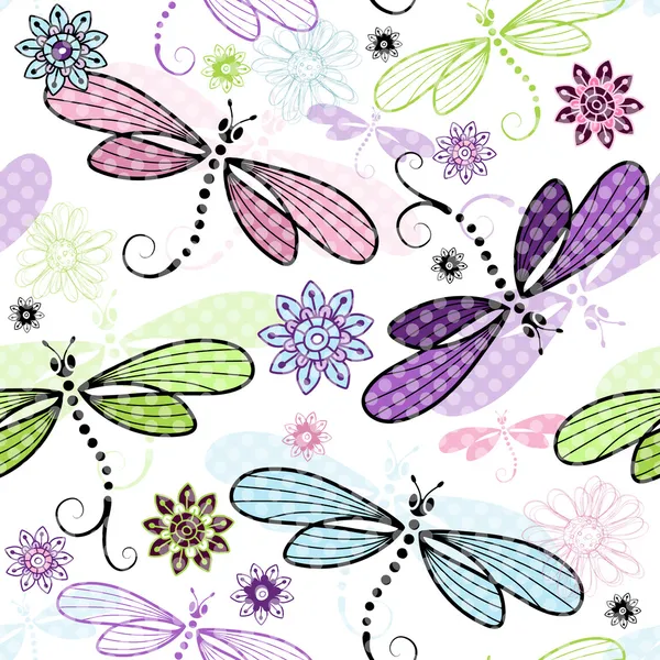 Spring seamless floral pattern with dragonflies — Stock Vector