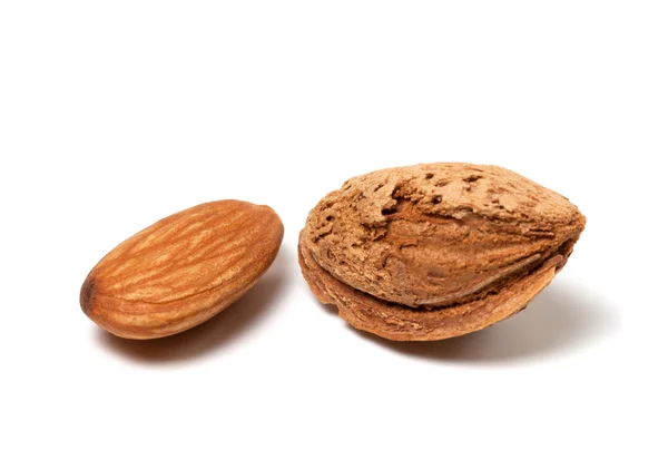 Two almonds on white background — Stock Photo, Image