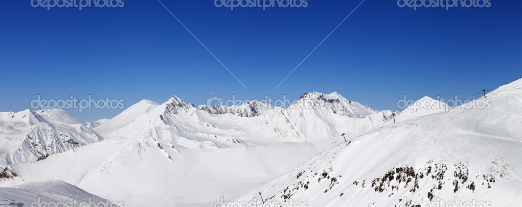 Panorama of snow winter mountains. Caucasus Mountains, Georgia.