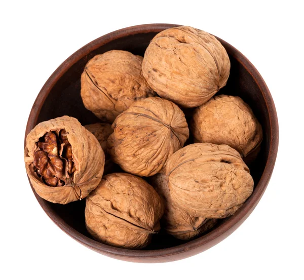 Walnuts in ceramic bowl — Stock Photo, Image