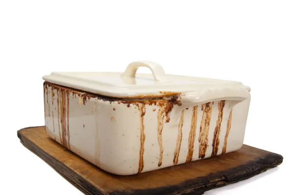 Dirty ceramic pot for stove on old kitchen board — Stock Photo, Image