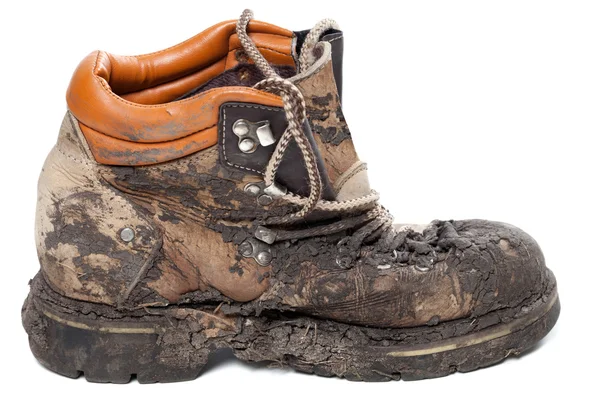 旧脏的徒步靴。侧视图. — 图库照片