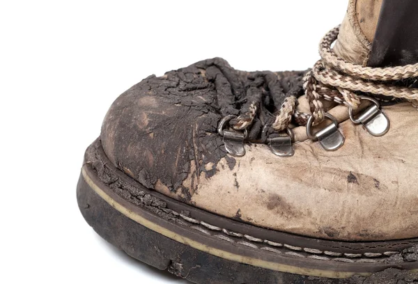 Old dirty trekking boot. Close-up view. — Stock Photo, Image