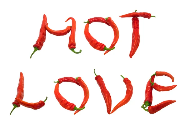 Amor caliente texto compuesto de chiles rojos —  Fotos de Stock