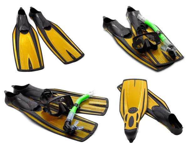 Set of yellow flippers, mask, snorkel for diving with water drop — Stock Photo, Image