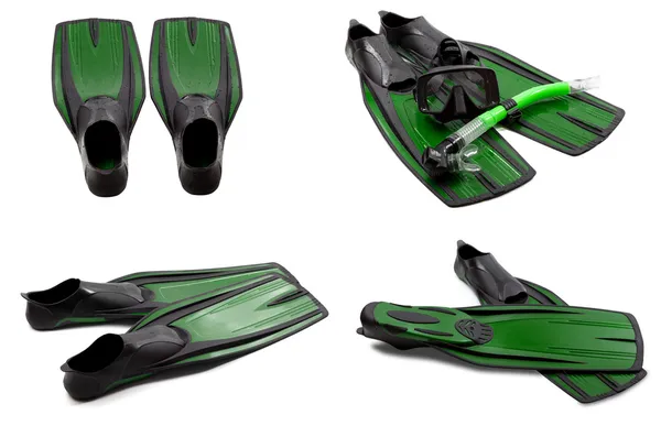 Set of green swim fins, mask, snorkel for diving with water drop — Stock Photo, Image