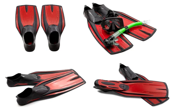 Set of red swim fins, mask, snorkel for diving with water drops — Stock Photo, Image