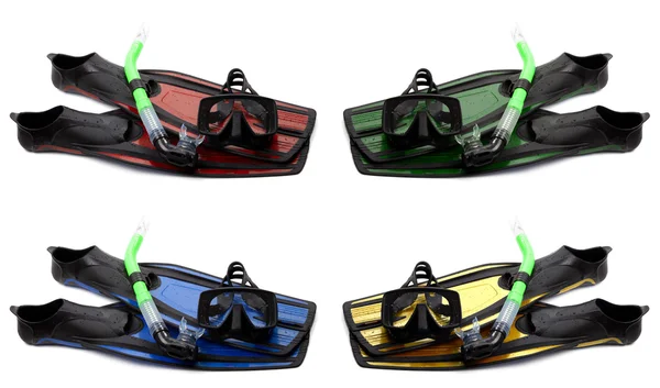 Conjunto de aletas multicolores, máscara y snorkel con gotas de agua —  Fotos de Stock