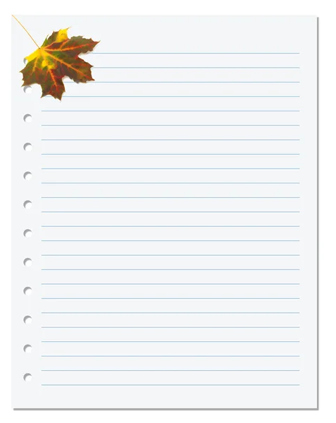 Notebook paper with autumn maple leaf in corner — Stock Photo, Image