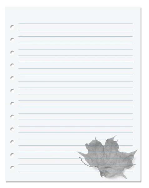 Notebook paper with dry maple-leaf at background — Stock Photo, Image