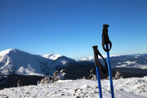 Bâtons Ski Dans Neige Les Montagnes Enneigées Soleil Jour Hiver — Photo