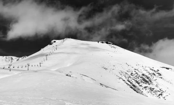Black White Panorama Snowy Ski Resort Sun Winter Day Caucasus — Stock Photo, Image