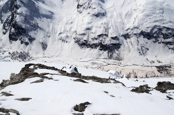 Top View River Canyon Snowy Mountainside Trace Avalanches Caucasus Mountains — Stock Photo, Image