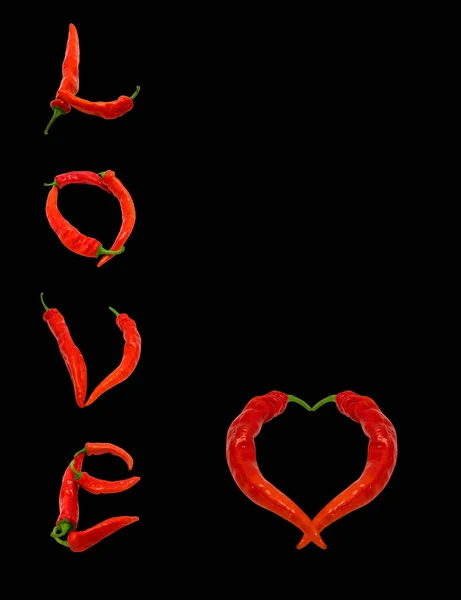 Heart Word Love Composed Red Chili Peppers Isolated Black Background — Stock Photo, Image