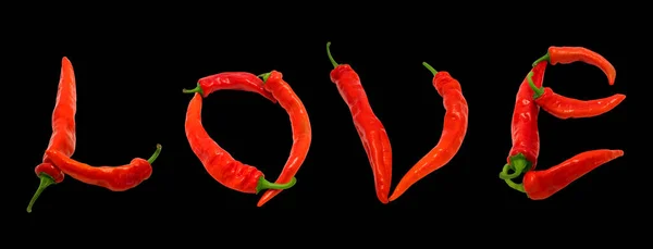 Love Text Composed Red Chili Peppers Isolated Black Background — Stock Photo, Image