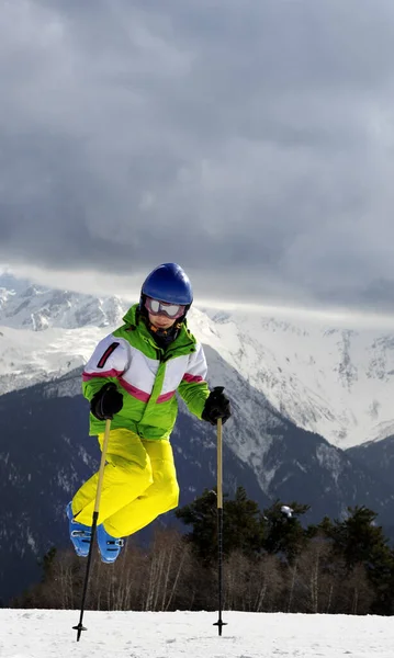 Young Skier Jump Ski Poles Sun Winter Mountains Caucasus Mountains — 图库照片