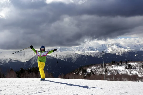 Happy Young Skier Ski Poles Sun Mountains Cloudy Gray Sky — 图库照片