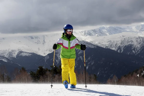 Young Skier Ski Poles Sun Mountains Gray Sky Storm Caucasus — Stock Photo, Image