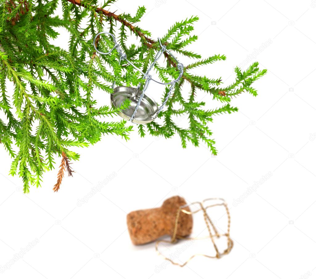 Branch of decorative home Christmas-tree with muselet from champagne wine, after New Year celebration. Isolated on white background. Selective focus.