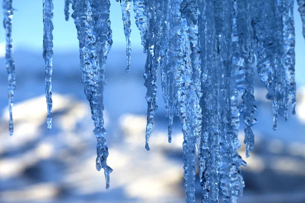 Jégcsapok Hideg Téli Estén Close Nézd Szelektív Összpontosít — Stock Fotó