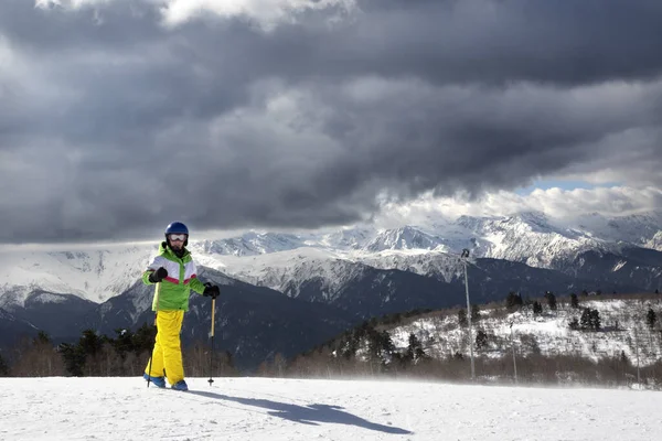 Young Skier Ski Poles Sun Mountains Cloudy Gray Sky Blizzard — 스톡 사진