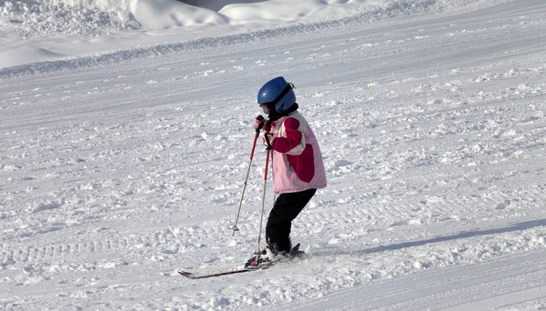 Little Skier Ski Slope Sun Winter Morning — стоковое фото