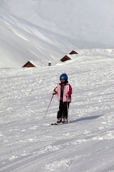 Little Skier Ski Slope Sun Winter Day Caucasus Mountains Georgia — Zdjęcie stockowe