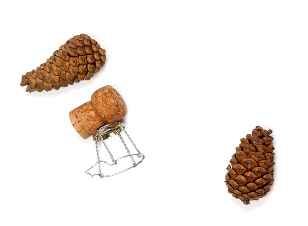 Fir Cones Champagne Wine Cork Muselet Isolated White Background View — Stock fotografie