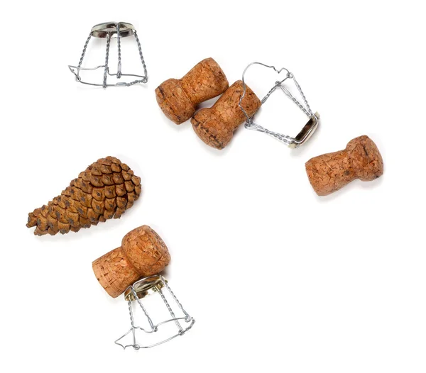 Fir Cones Champagne Wine Corks Muselet Isolated White Background — Stock fotografie